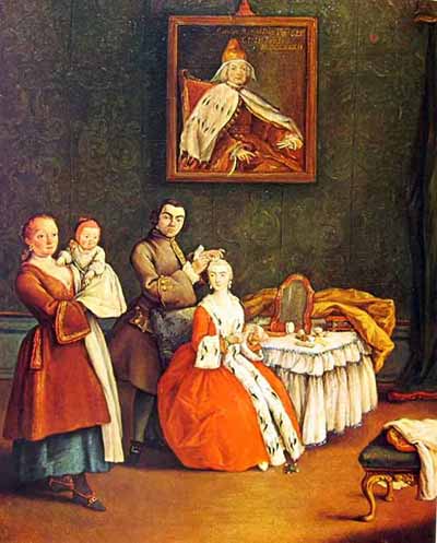 Il parrucchiere e la dama dipinto di Pietro Longhi