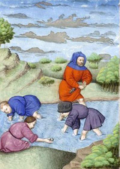 Illustrazione del Decameron francese della Gallica Digital Library raffigurante scena raccolta pietre
