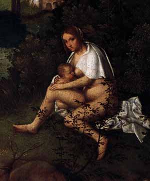 Dettaglio della donna nel dipinto la Tempesta di Giorgione