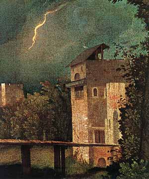 Dettaglio del lampo nel cielo nel dipinto la Tempesta di Giorgione