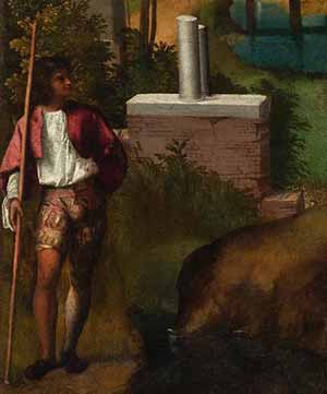 Dettaglio dell'uomo nel dipinto la Tempesta di Giorgione