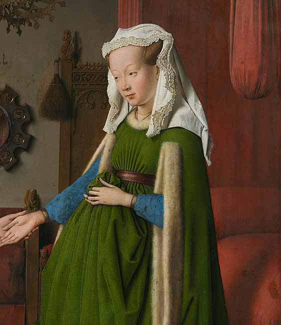 Dettaglio della figura femminile nel dipinto Ritratto dei coniugi Arnolfini di Jan Van Eyck
