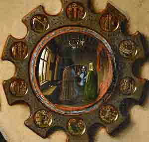 Dettaglio dello specchio nel dipinto Ritratto dei coniugi Arnolfini di Jan Van Eyck