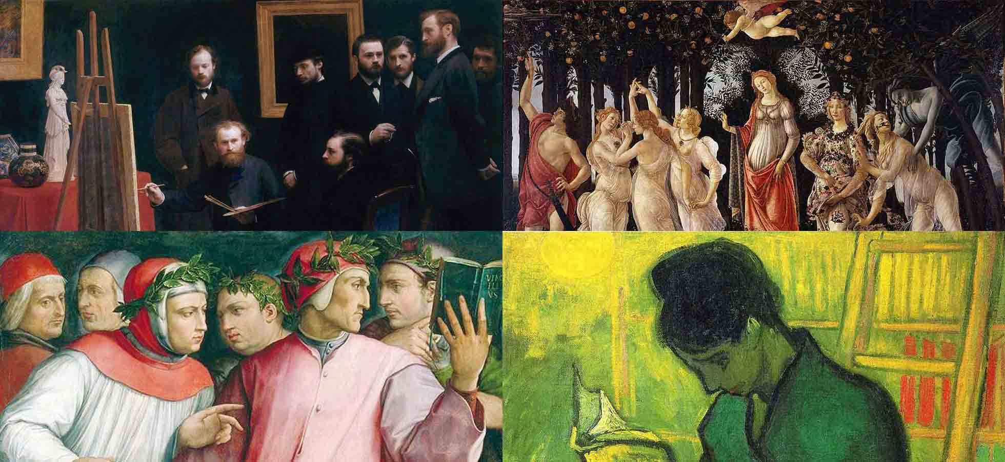 Immagine di quattro dipinti che rappresentano le arti e la letteratura