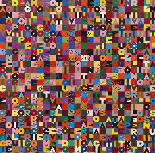 opera di Alighiero Boetti dal titolo Seicentoventicinque lettere dai cento colori del mondo nel mese di marzo dell'anno mille