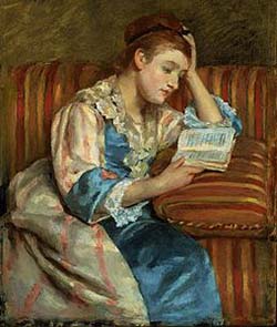 Dipinto di Mary Cassatt dal titolo Mrs Duffee seated on a striped sofa, reading