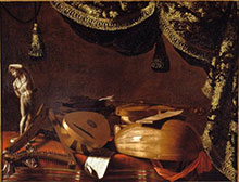 Natura morta con strumenti musicali e statuetta, tela di Baschenis