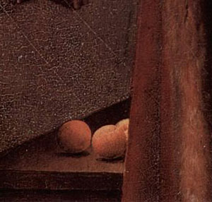 Particolare delle arance nel dipinto Ritratto dei coniugi Arnolfini di Jan Van Eyck