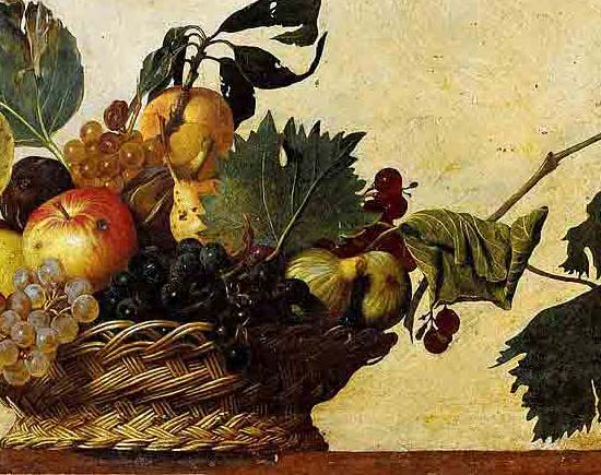 Canestra di frutta - dipinto di Caravaggio - particolare della pera