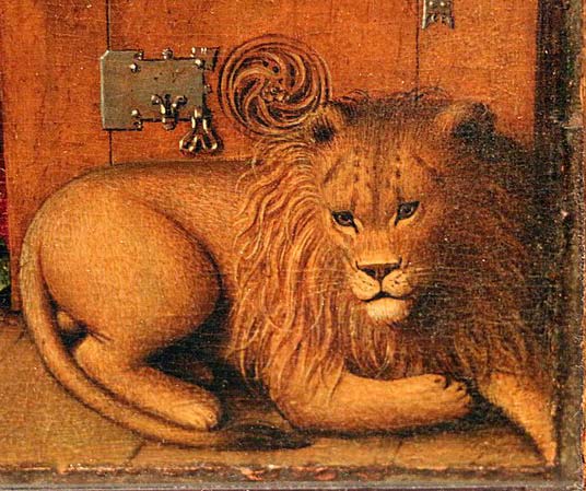 Particolare del leone nel dipinto San Girolamo nello studio di Van Eyck