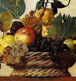 particolare dell’uva nel dipinto di Caravaggio: Canestra di frutta