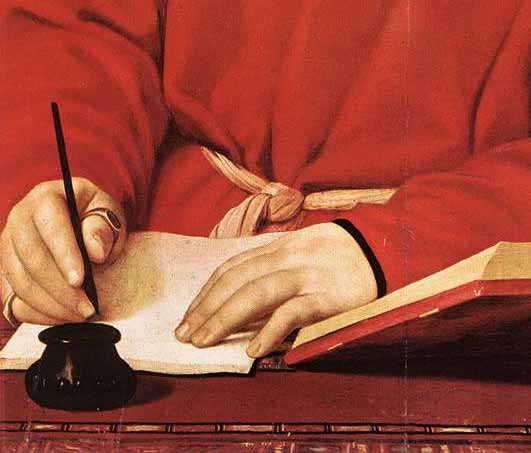 Particolare delle mani intente a scrivere del Ritratto di Tommaso Inghirami detto Fedra di Raffaello - 1510