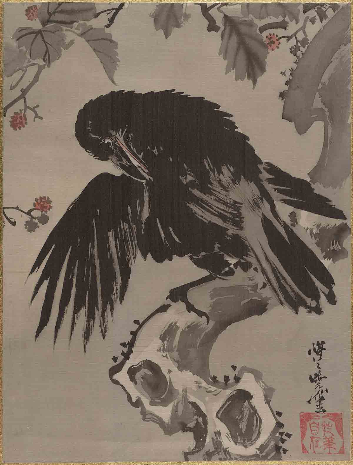 Opera del pittore e incisore giapponese Kawanabe Kyosai dal titolo Corvo su ramo d’albero – inchiostro e pigmento su seta