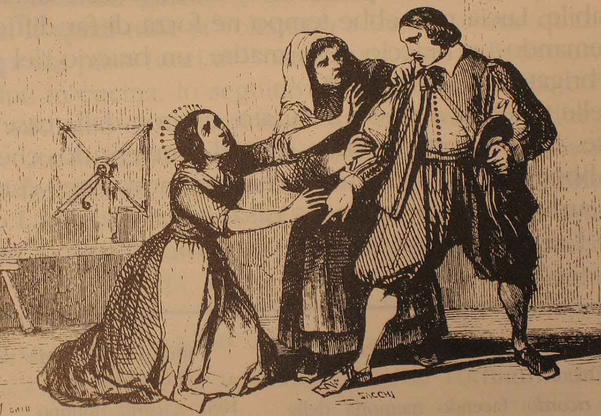 Illustrazione di Francesco Gonin raffigurante Lucia e Agnese che cercano di calmare Renzo in preda all'ira