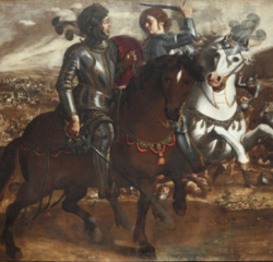 Olio su tela di Feniglio raffigurante il combattimento tra Tancredi e Clorinda
