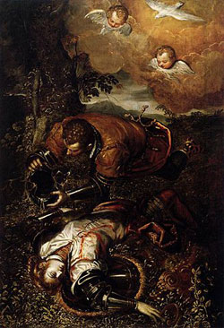 Olio su tela di Tintoretto raffigurante Tancredi che battezza Clorinda
